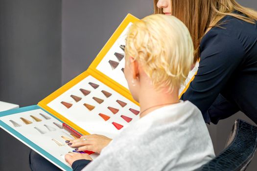 Professional female hairdresser and female client choosing hair dye color from hair color samples in a hair salon
