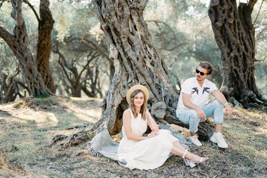 Man and woman are sitting near an old olive tree in a grove. High quality photo