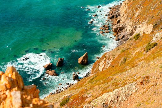 Atlantic ocean view with cliff. View of Atlantic Coast at Portugal, Cabo da Roca. Summer day. Seaside. Coastline. Beautiful landscape