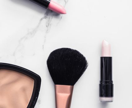 Modern feminine lifestyle, blog background and styled stock concept. Beauty and fashion inspiration - Make-up and cosmetics flatlay on marble