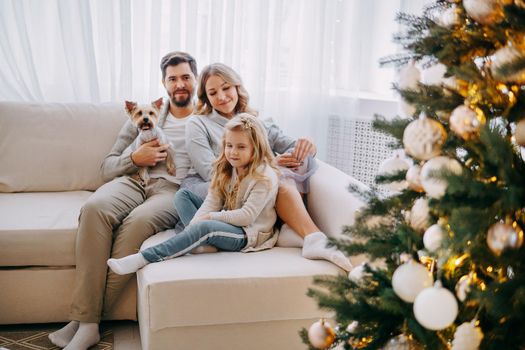 Happy family: mom, dad and pet. Family in a bright New Year's interior with a Christmas tree.