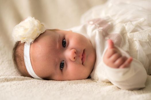 Childhood, motherhood, emotions, fashion concepts - Cute smiling happy chubby baby close up little girl in beautiful white dress flower headband on head lying on soft warm bed on her tummy at home.