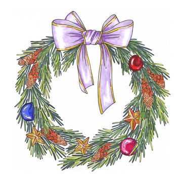 Christmas Wreath with fir branches and decorative elements.