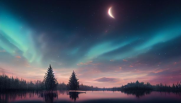 Stunning scenery lake starry night and northern lights, Digital art background. High quality photo wallpaper
