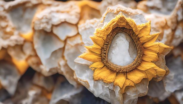 A closeup macro of a geode shaped like a sunflower protruding from a white marble rock wall. High quality photo. Digital art background