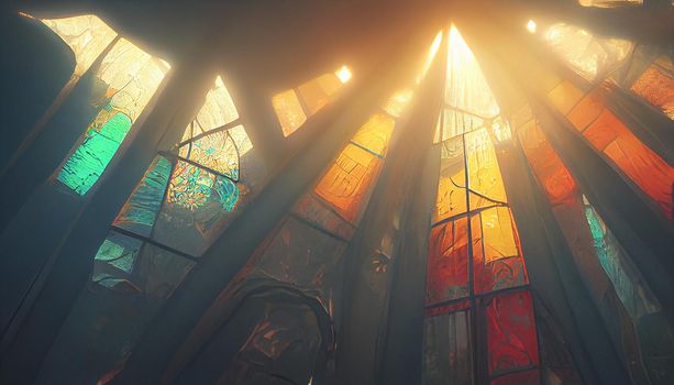 Rainbow Light swing through a stained glass window church. Digital art background.