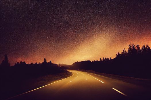 Car at night, Footage showing headlights on going around a bend in 3D illustration.