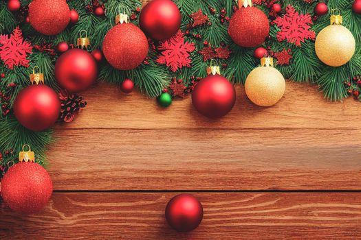 Christmas background with decorations on wooden background. Top view. Copy space. Merry Christmas celebration. Digital art 3D Render.