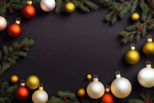 3D Render Black Xmas background with golden decorations, gifts box, balls, confetti. Christmas poster, greeting card template, web banner mockup. Flat lay, top view, copy space. High quality photo.