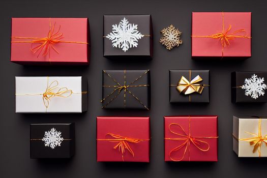 3D Render of red color gift box with black ribbon isolated against black background and Christmas decorations, top view design.