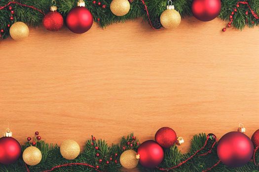 Christmas background with decorations on wooden background. Top view. Copy space. Merry Christmas celebration. Digital art 3D Render.