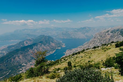 Beautiful nature mountains landscape. Kotor bay, Montenegro. Views of the Boka Bay, with the cities of Kotor and Tivat with the top of the mountain, Montenegro.