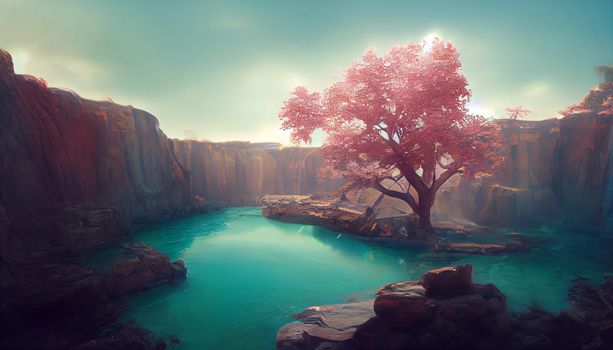 Single pink tree is surrounded by turquoise still water inside a massive cavern. Sun rays shine on the tree with a rock wall in the background. 3D illustration. High quality photo