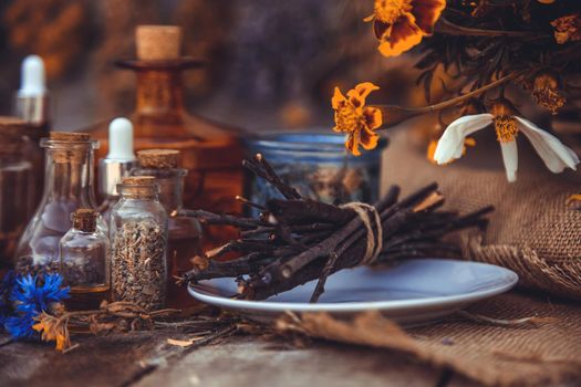 Medicinal herbs and tinctures homeopathy. Selective focus. Nature.