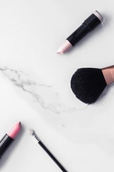 Modern feminine lifestyle, blog background and styled stock concept. Beauty and fashion inspiration - Make-up and cosmetics flatlay on marble