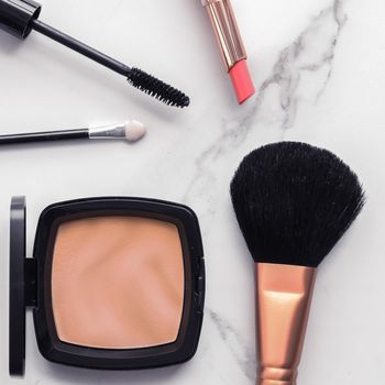 Modern feminine lifestyle, blog background and styled stock concept. Beauty and fashion inspiration - Make-up and cosmetics flatlay on marble