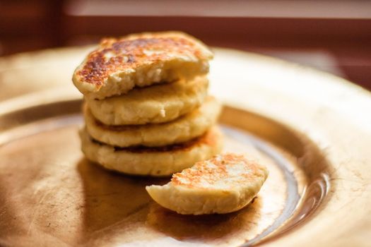 Lactose free, low carb cottage cheese pancakes, cookbook recipe - healthy nutrition, rustic and traditional food concept. Your favourite homemade breakfast is served