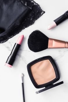 Modern feminine lifestyle, blog background and styled stock concept. Beauty and fashion inspiration - Make-up and cosmetics flatlay on marble