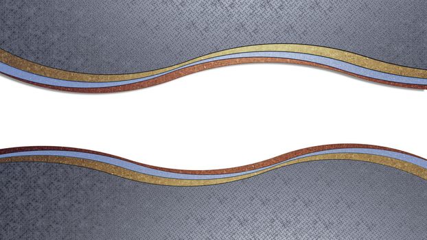 A 3d rendering image of gold and silver and bronze curved plate on steel plate.