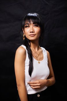 Portrait of beautiful Asian women are cool and confident in casual clothes over white background. People lifestyle concept. Mock up copy space. Fashion model. attractive elegant woman.
