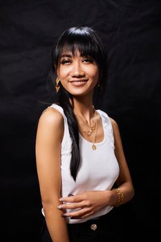 Portrait of beautiful Asian women are cool and confident in casual clothes over white background. People lifestyle concept. Mock up copy space. Fashion model. attractive elegant woman.