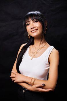 Portrait of beautiful Asian women are cool and confident in casual clothes over white background. People lifestyle concept. Mock up copy space. Fashion model. attractive elegant woman.