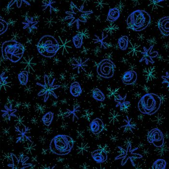 Hand Drawn Snowflakes Christmas Seamless Pattern. Subtle Flying Snow Flakes on chalk snowflakes Background. Admirable chalk handdrawn snow overlay. Fancy holiday season decoration.