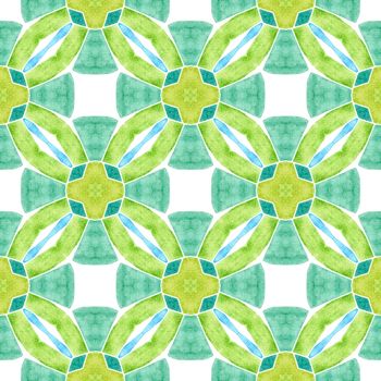 Textile ready worthy print, swimwear fabric, wallpaper, wrapping. Green quaint boho chic summer design. Tiled watercolor background. Hand painted tiled watercolor border.