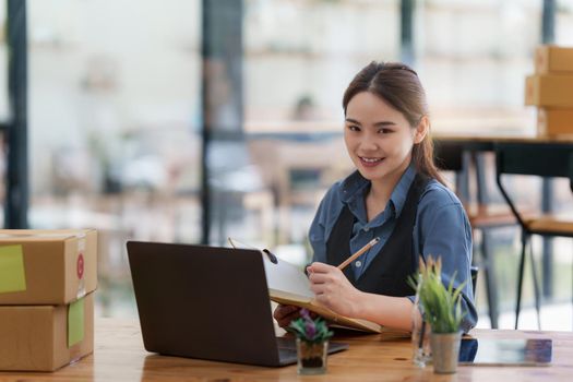 Portrait of modern Asian SME business woman entrepreneur at home office.