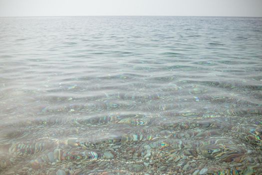 Seascape, evening scenery with moon horizon line. Water reflection, ocean background, aqua surface