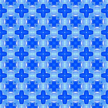 Ikat repeating swimwear design. Blue lively boho chic summer design. Textile ready amazing print, swimwear fabric, wallpaper, wrapping. Watercolor ikat repeating tile border.