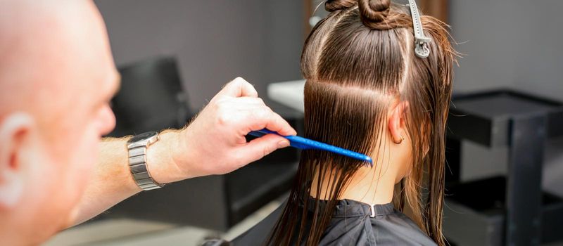 Rear View of male hairdresser combing wet hair of young caucasian woman divides into sections in a hair salon