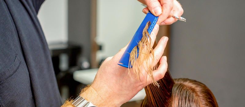 Hairdresser's hands with comb and scissors cut wet female hair in a hair salon