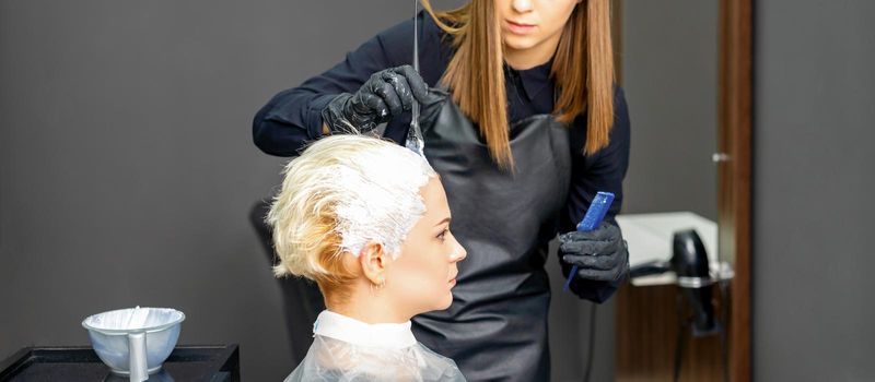 Female hairdressers dyeing hair of young caucasian woman in hair salon