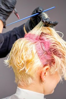 Close up of hairdresser's hands applying pink dye on woman's blonde hair at a hair salon