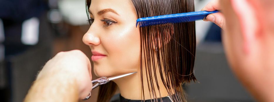 Male hairdresser cuts wet hair of young caucasian woman combing with a comb in a hair salon