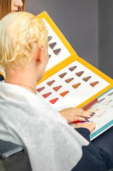 Professional female hairdresser and female client choosing hair dye color from hair color samples in a hair salon