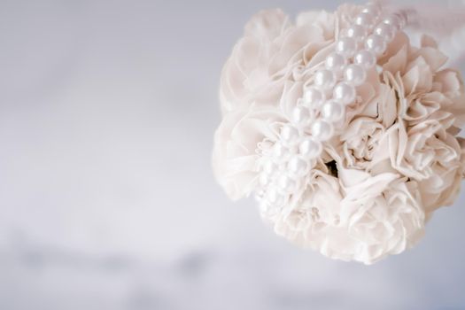 Bridal bouquet of white roses - wedding day, floral beauty, luxury event decoration concept. The happiest day of our lives