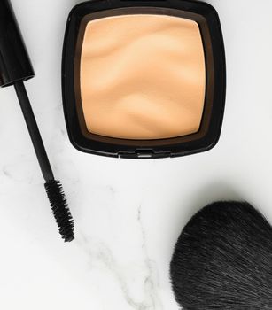 Make-up and cosmetics on marble, flatlay - modern feminine lifestyle, vlog background and styled stock concept. Beauty inspiration in a fashion blog