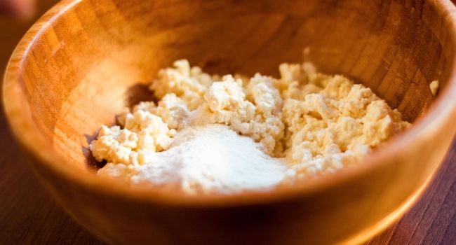 Flour, eggs and cottage cheese, rustic cookbook recipe - weekend cooking, food blog and homemade cuisine concept. Making your favorite pastry