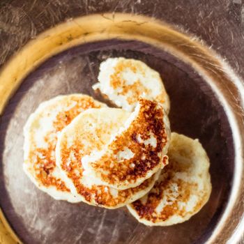 Lactose free, low carb cottage cheese pancakes, cookbook recipe - healthy nutrition, rustic and traditional food concept. Your favourite homemade breakfast is served