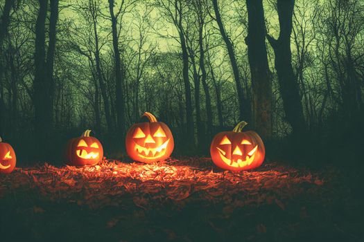 Halloween Pumpkins In A Spooky Forest At Night. 3D illustration.