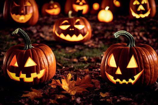 Halloween Pumpkins In A Spooky Forest At Night. 3D illustration.