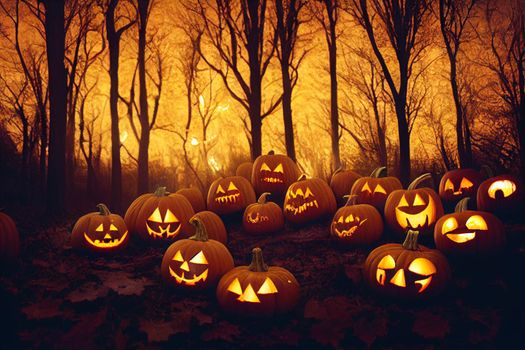 Halloween Pumpkins In A Spooky Forest At Night. 3D illustration.