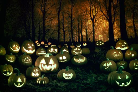 Halloween Pumpkins In A Spooky Forest At Night. 3D illustration.