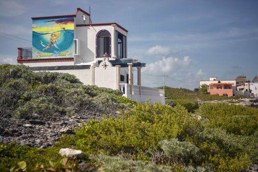 Isla Mujeres, Mexico 20 august 2022: Small house built on one of the beaches of Isla Mujeres in Mexico.