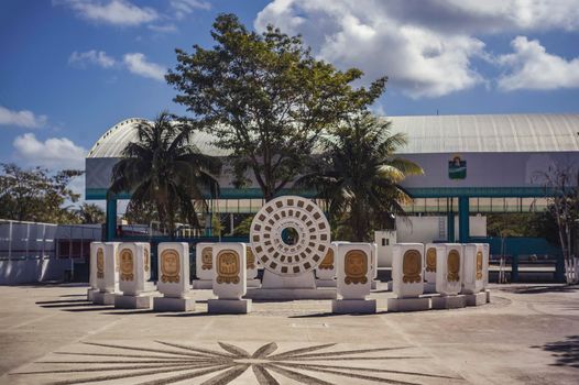 Tulum, Mexico 20 august 2022: Central square with its monument of the Mexican town of Tulum