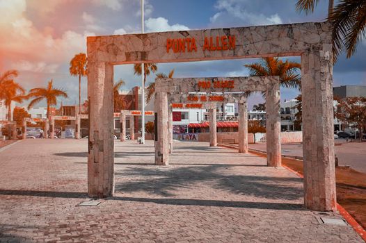 Playa del carmen, Mexico 20 august 2022: Monument with arches in the town hall square of Playa del Carmen in Mexico.