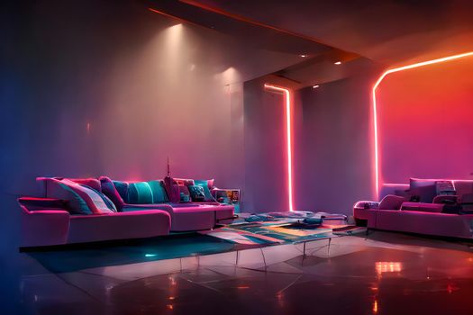 synthwave styled unterior in pink-orange-purple tones ande neon lighting, neural network generated art. Digitally generated image. Not based on any actual scene or pattern.