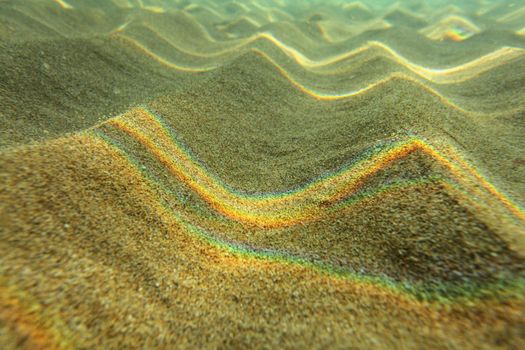 Underwater photo - light refracted on sea surface forming rainbows on small sand "dunes" in shallow water near beach. Abstract marine background.